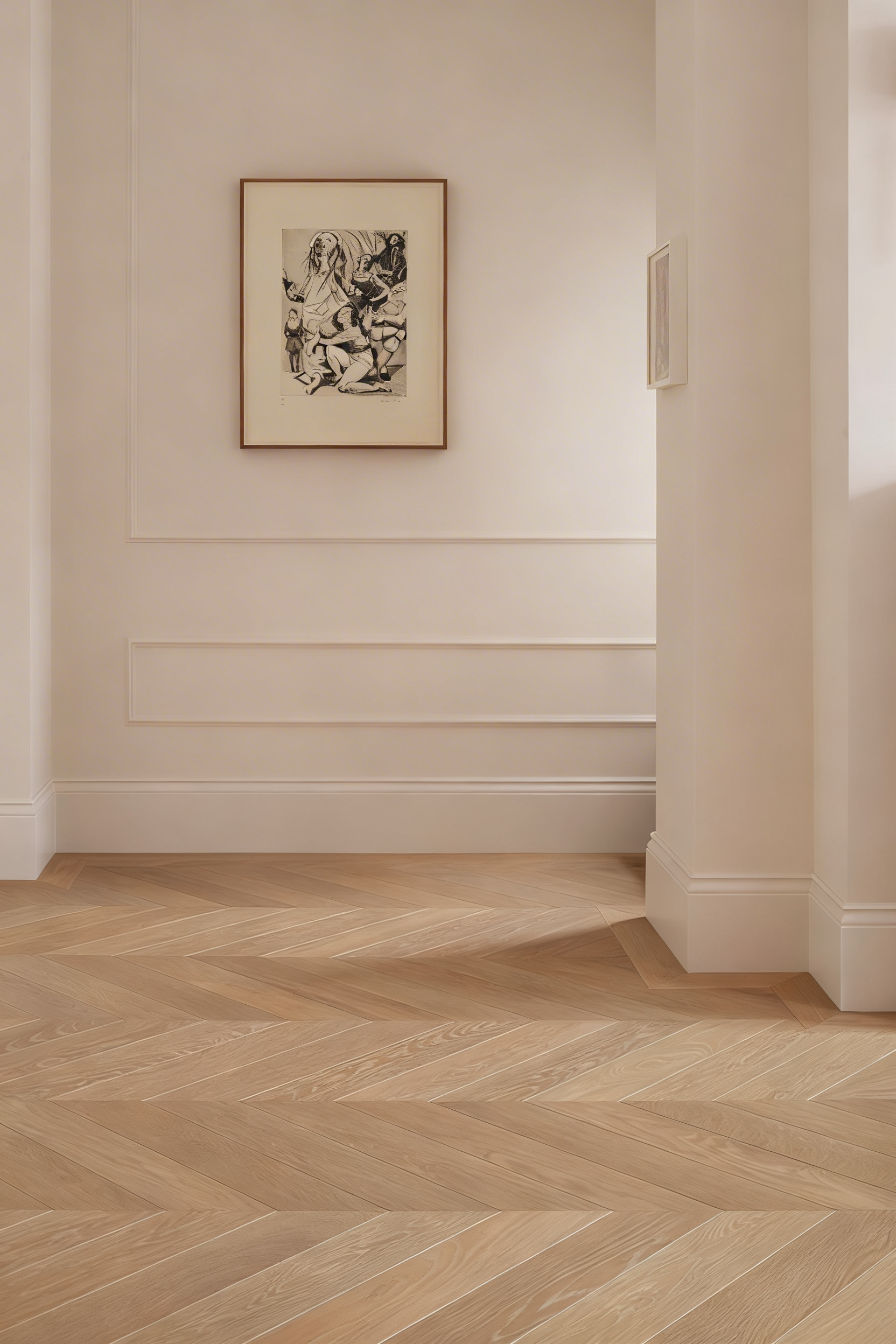 Detalle de parquet natural restaurado en vivienda Olivella